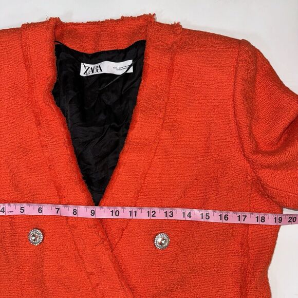 Zara Orange Red Tweed Double Breast Blazer Diamond Button Trinny Blogger Women L - Picture 8 of 14